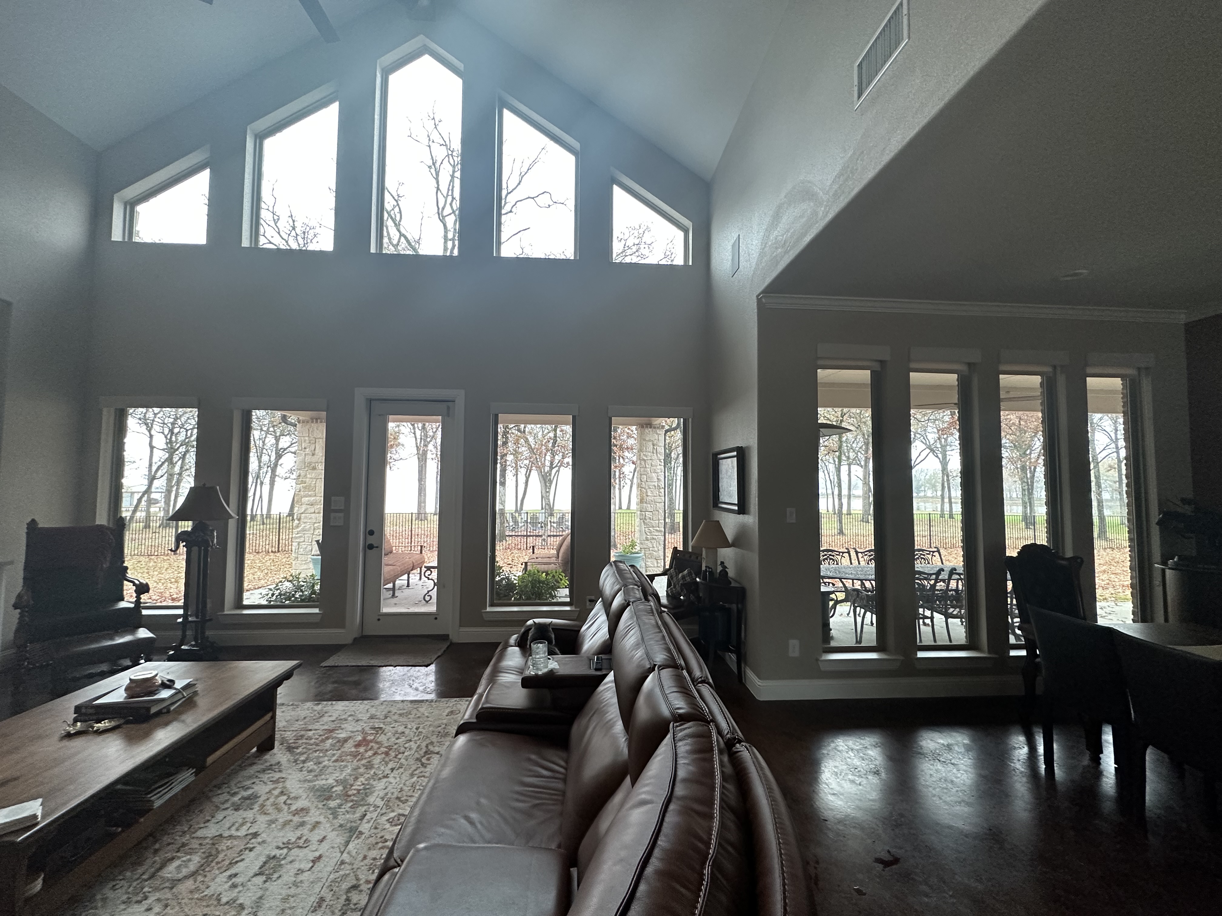 Spacious living room with vaulted ceiling and tinted windows throughout